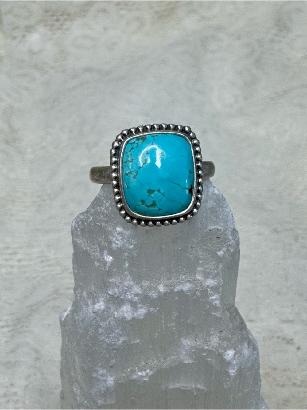Number 8 Turquoise Southwestern Style Sterlng Silver Square Ring - Size 7